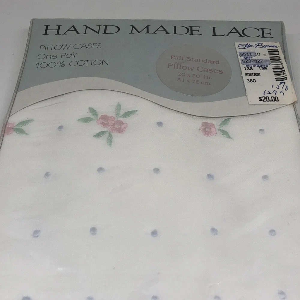 Handmade Lace SWISS FLORAL Dot Rose Pillowcase Pair Standard 100% Cotton NEW